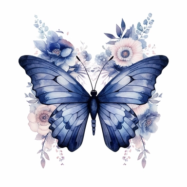 Beautiful clipart of a butterfly animal in flowers, in the style of artgerm, watercolor, animal motifs, Dark blue tones, amedee ozenfant, he jiaying, oshare kei