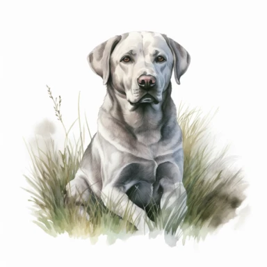 Hand drawn silver Labrador, in the grass, very detailed and realistic, watercolor, white background with margins, clipart style