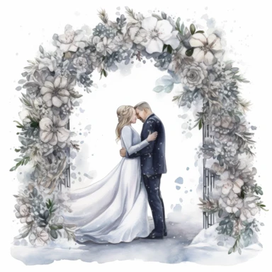 watercolor, hyper realistic, white background, white margins, 16k, ultra detailed clipart, cut out image, hand-drawn a bride and groom kissing under a floral arch in a winter wonderland. The arch is covered in white and silver flowers, and there are snowf