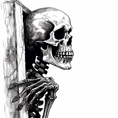 clipart, skeleton looking around corner, spooky, black vector lines, white transparent background