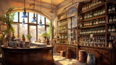 illustration, realistic interior of a vintage bengalore 1896 perfumery and pharmacy with some perfume bottle boxes incense boxes, atmospheric sunset lighting, Clipart, watercolor, realistic, full building, highly detailed, hdr, 32K, photo expert quality, watercolor realistic, hyperrealistic and highly detailed
