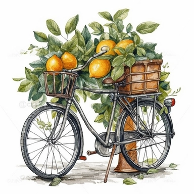 realistic bicycle with a basket in the front full of lemons with leaves, withdark leather seat, vintage, very detailed, hipster style cafe, white background, still life photography, food photography, dessert photography, dreamy, clipart, watercolor illustration style