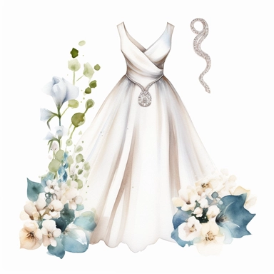 watercolor elegance Wedding dress clipart, with white roses, charming jewelry, hd, isolated on white background, space out