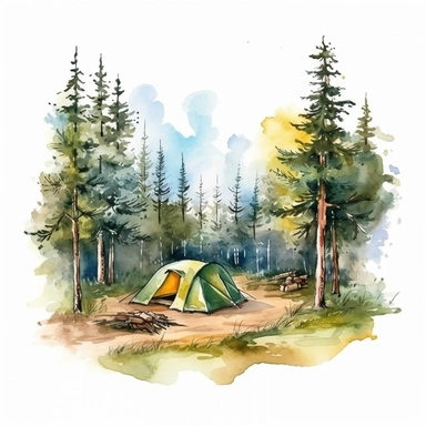 camping scene in forest watercolor style clipart on white background with margins