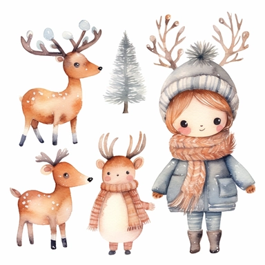 Watercolor collection clipart winter elements snowflakes, kawaii reindeer, ice skating, scarf, neutral colors, no background