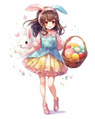 cute anime girl hold easter egg , watercolor , clipart , hd , 8k , white background