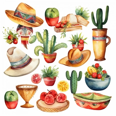 cinco de mayo clip art collection water color in accurate detail contact sheet white background