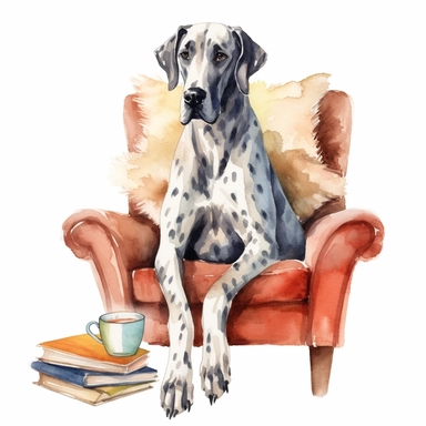 Great Dane lounging on a cozy oversized chair, surrounded by books and a warm cup of tea, showcasing its calm and gentle demeanor, white background, watercolor clipart.
