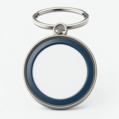 empty dark blue keychain circle form with metallic frame, mockup 3D render, white background, professional clipart mock up design, no watermarks
