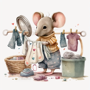 clipart watercolor cute realistic mouse cleaning doing laundry dressed like a human