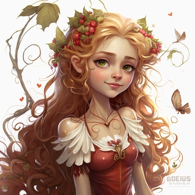 lilly stone, beautiful smiling fairy with large wings, 10 year old girl with long strawberry blonde wavy hair, burgundy dress, big eyes, BENTE SCHLICK style illistration, sparklecore, flowers, hyper detailed, white background, mid shot, clipart