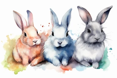 3 watercolor bunnies clipart, isolated on white background, hd, spaced out