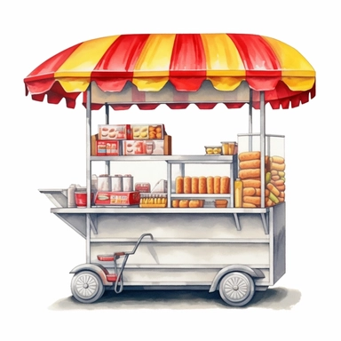 hyper-realistic high-detailed watercolor clipart of a mobile hot dog stand on a white background. The stand should have a sleek and compact design, reminiscent of the iconic New York street style. Depict a streamlined cart with a simple color palette, such as silver or gray, with pops of red and yellow accents. Ensure the clipart includes essential elements such as the serving window, grill, condiment area, and a small seating counter if desired. Emphasize the presence of the grill, showing it a