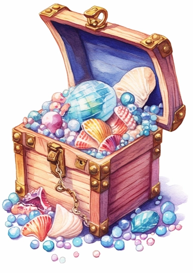 cute watercolor underwater treasure chest full of pearls clipart, full body, hd, on white background, spaced out