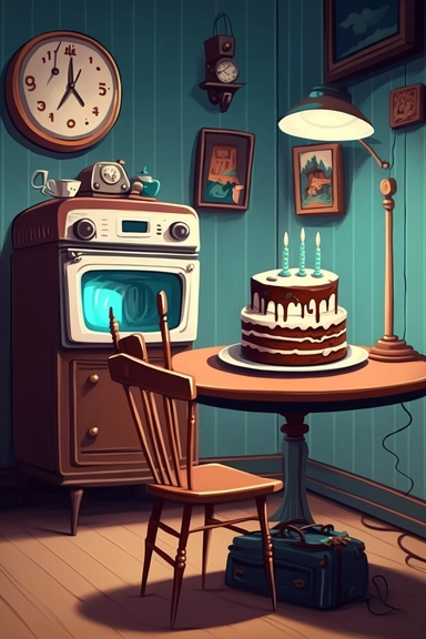 Stunning art of room landscape, happy birthday cake, minimalism, bright colors, old antique tv , walls , clock, table , chair , clip art, blue brown black and white color