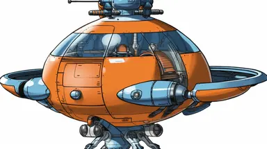 A simple clipart of a low-level flying machine with a military air, similar in structure to a flying saucer, with a glass shroud at the top and a device that emits electromagnetic waves for attack at the bottom, using mainly orange, white and blue colors, with less detail in the image, Japanese manga, with a white background, sharp angles and contrasts, clear outlines, by Justin Roiland and Yoji Shinkawa