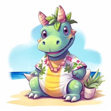 Summer, cute Dinosaur wearing a Hawaiian shirt on the beach, cute pose, watercolor illustration for kids and children, clipart, sublimation, white background, brightly colored style, realistic color schemes, luminescent color scheme