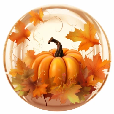 vivacious stined glass pumpkin in a round frame surrounded by fall leaves in rich orange colors, clipart, hd