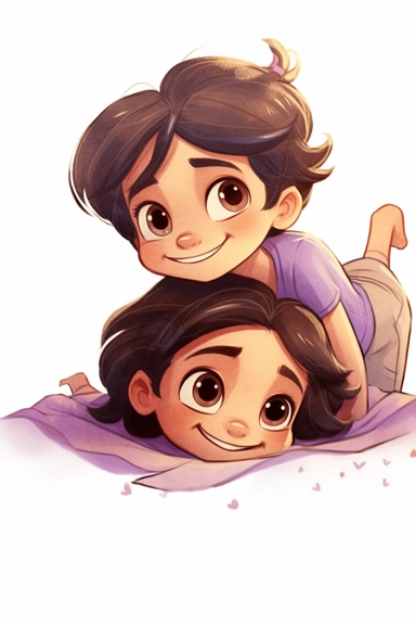 little girl with boy, lying on their back, looking up at the camera, boy with black hair, girl with brown hair, tan skin, girl with purple dress, young, pretty, purple dress, happy, in love, friends white background, purple dress, simple, cartoon, children's book illustration, no background, white background, white background, bright colors, talking, cartoon image, kids book, clipart