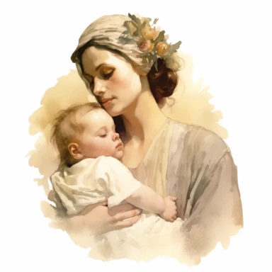 beautiful detailed watercolor of mother with newborn infant, old fashioned, 1920's, idealistic, white, clean, clipart