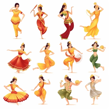 Develop clipart illustrating traditional Thai dance Descriptive Keywords: Thai classical dance, elegant costumes, hand gestures, traditional music, graceful movements Style of Photograph: Artistic and graceful