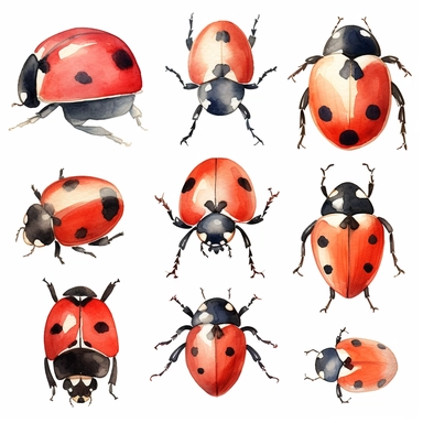 very simple watercolour childrens book style drawing of different isolated cute ladybugs, soft on white background for clipart, 8k