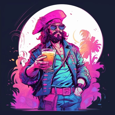 synthwave-styled drunk Pirate, watercolor , in the style of dan mumford, light magenta, tropical symbolism, cute and colorful, transparent layers, rounded, vibrant and colorful, clipart, white background, high detail, individual elements