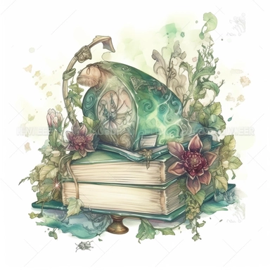 witch magical book decorated with flowers , in the style of mystic mechanisms ,pencil art illustrations, Isolated white background, reimagined by industrial light and magic, lith printing, illusory images, watercolor clipart, very subtle emerald tones, , ,