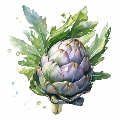 high quality watercolor clipart of a delicious artichoke with some waterdrops, white background, seperated, vector design, hd