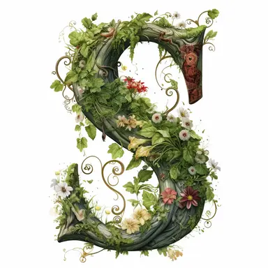vintage letter S Made Of Tree with vines wrapped around, flowers. moss clings to, illustration clipart, high detailed, white background, digital art