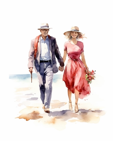 watercolor clipart couple walking on the beach, hyper realistic, 8k, isolated on white background