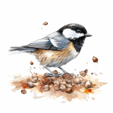 realistic watercolor chickadee eating seeds, on white background, spaced out, clipart