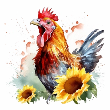 a watercolor of a chicken eating sunflower, cherry academy style, cherry red nuances, vector free clipart illustration, in the style of unreal engine 5, 32k uhd, detailed features, white background