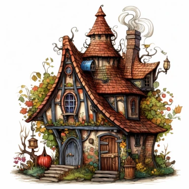 clipart, witch house, in style of colin thompson, on white background