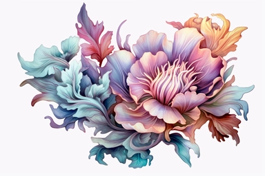 3D, watercolor flowers, bold linework, drop shadows, highly detailed, white background, clipart