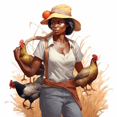 illustration clipart of african american woman farming with chickens around, hyperrealistic, white background