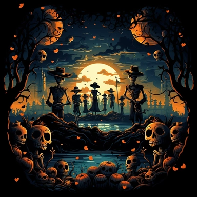 Spooky Skeleton Dance - A vibrant depicting whimsical skeletons in different dance poses, set against a backdrop of moonlit cemetery and twinkling stars, creating a playful and festive Halloween mood.vector, clipart