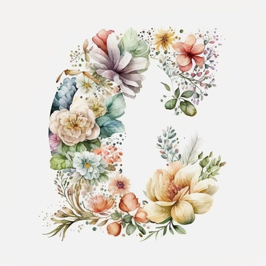 Watercolor botanical flower letter C, clipart, colorful, white background