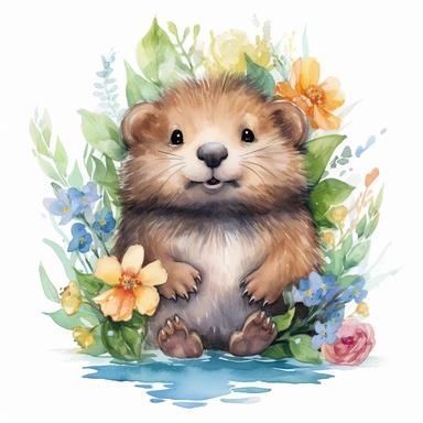 a captivating watercolor clipart image with a white background and white margins, featuring a cute sweet extremely happy smiling baby beaver surrounded by flowers. The ultra-detailed, hand-drawn elements capture the details. Use vibrant shades of various colors to create a visually appealing image