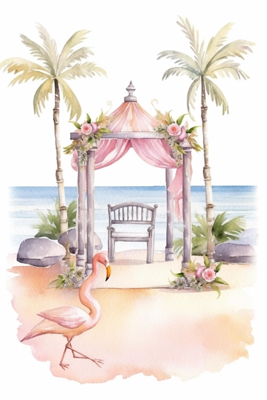 Isolated on a white background, in a feminine style that is populair on Etsy, wedding vow ceremony area decorated for wedding on the beach, high resolution, highly detailed, watercolor clipart illustration, soft pastel color theme, baby pink