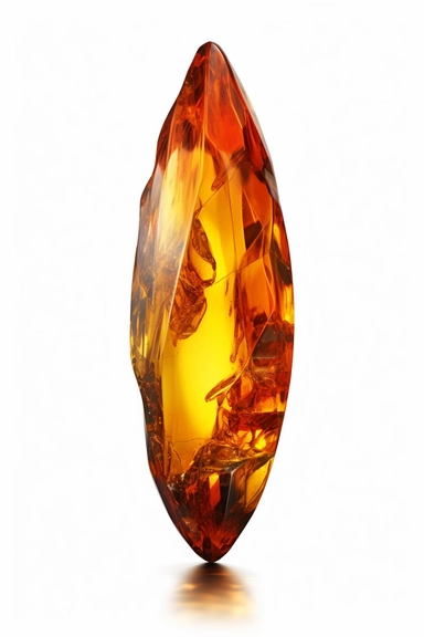 photo of a elongated amber gemstone crystal on a white background with bright highlights on the edges, photorealism, studio lighting, clipart, render, global illumination