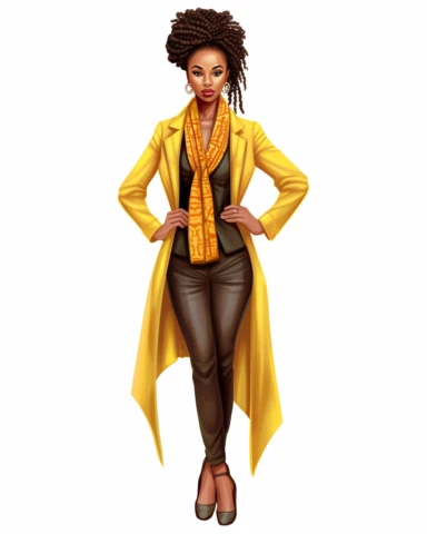 Extremely realistic digital illustration clipart, vector art of ultra beautiful African American woman entrepreneur with beautiful goddess braids, dressed in leather business knee length dress suit with nice colorful scarf in the year 2023, standing in the center of an office on a white background
