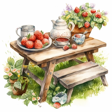 watercolor, hyper realistic, white background, white margins, 16k, ultra detailed clipart, cut out image, hand-drawn, whimsical, sticker style a cozy garden space with a wooden bench, a coffee table, and a rug on the grass. A pot of tea and a bowl of strawberries sit on the table, and a vase of flowers decorates the bench. The color theme is warm oranges and browns, with green foliage and pink flowers.