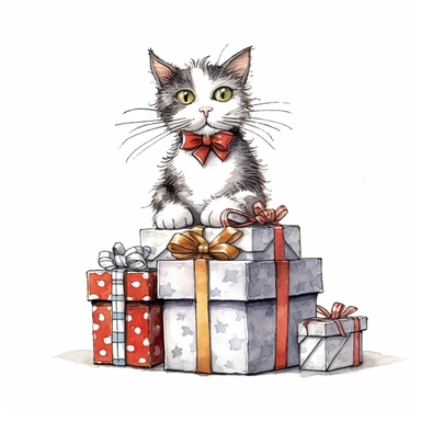 Axel scheffler illustration style cat christmas present, high definition, 16k, insanely detailed, fine detail, sharp focus, illustration, white background, isolated clipart vector