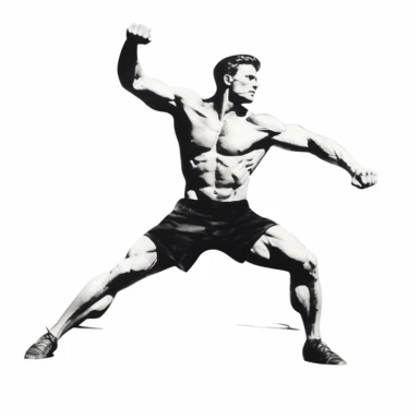This ultra-detailed, best-quality 1950s black and white vector clipart titled Muscle Movement depicts a dynamic scene against a clean white background. The image showcases a male figure demonstrating muscular movement, displaying strength and athleticism. The man, likely in his prime years, possesses a well-defined physique and exudes confidence. He is portrayed wearing typical 1950s athletic attire, including a sleeveless tank top, shorts, and athletic shoes. His hair is neatly styled, contribu