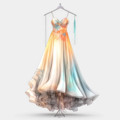 panoramic view, full view, beautiful flowing tropical party dress in vibrant colors on ornate hanger, shabby chic, elegant, ethereal, romantic, fantasy, high detail, shabby chic, sharp focus, 8k, illustration sketch, clipart style, transparent background