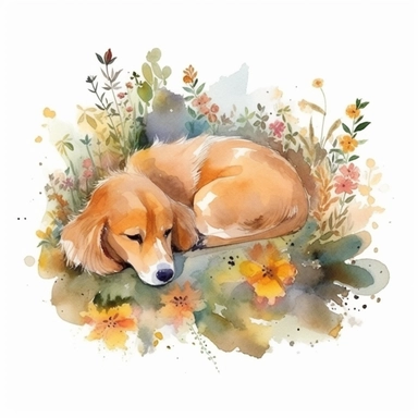 Lazy Dog Sleeping in garden over Flowers and Leaves ,Isolated,Watercolor Clipart