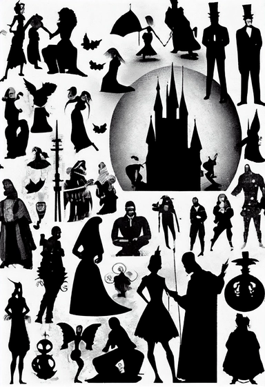 silhouettes of swindlers, monks, demons, mythological characters, disguised people, magicians, fools, lunatics, soldiers, priests, devils, fauns, angels, jugglers, cops, clowns, madmen. Bizarre, whimsical, random, victorian, theatrical, funny. Black and white clipart collection, white background