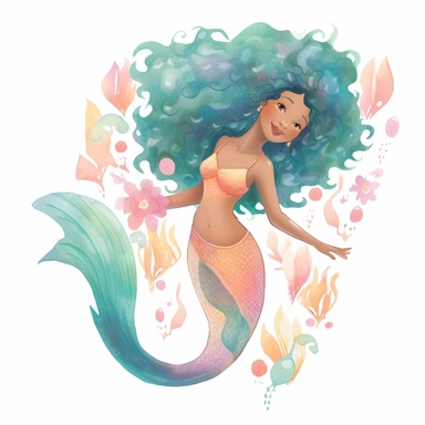Mermaid Clipart Clipart, full body pastel colors african american Mermaid swimming with a dolphin , natural hair, dreads, distinctive noses, illustration blend with cartoon realism and cate parr style