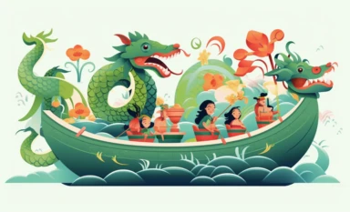 chinese new year dragon design dragons fish boat cartoon clipart, in the style of light green and crimson, uhd image, dutch marine scenes, sopheap pich, traditional costumes, arthur dove, multi-layered figures